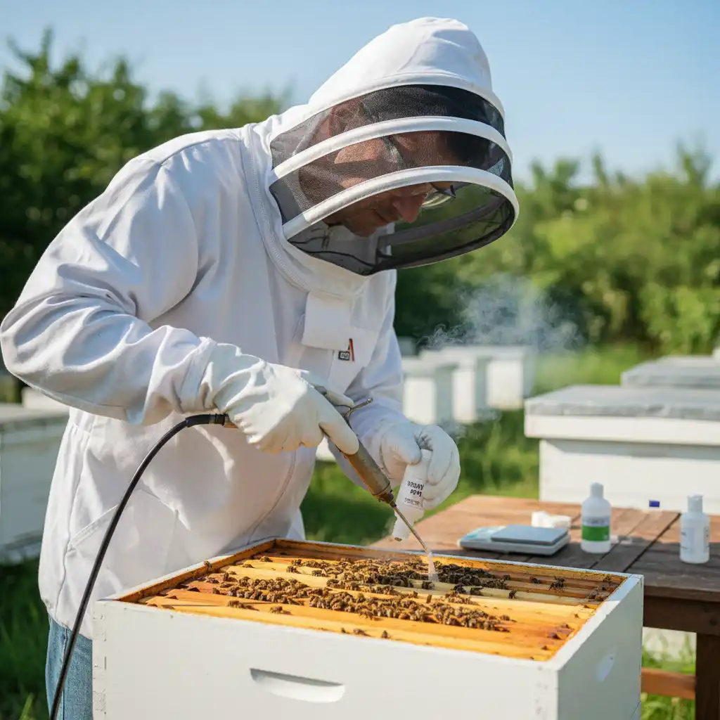 Apiculteur appliquant un traitement chimique contre le varroa sur les cadres d’une ruche ouverte