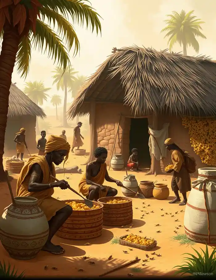 Habitants de la culture de Nok (Nigeria, 3 500 ans av. J.-C.) récoltant du miel et de la cire d’abeille dans un village préhistorique