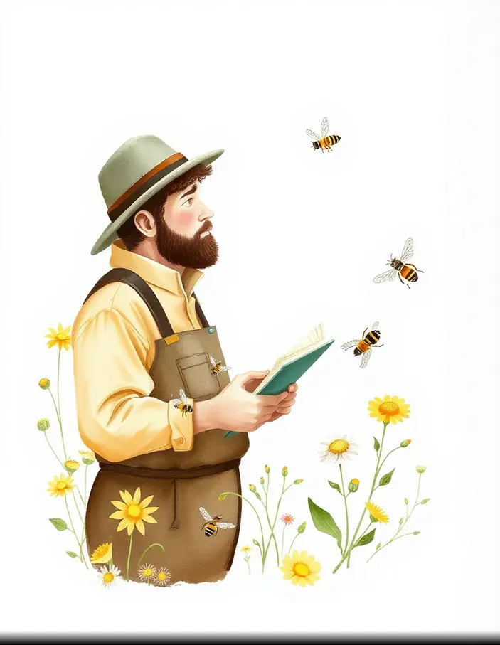 Illustration d'un apiculteur observant des abeilles en prenant des notes