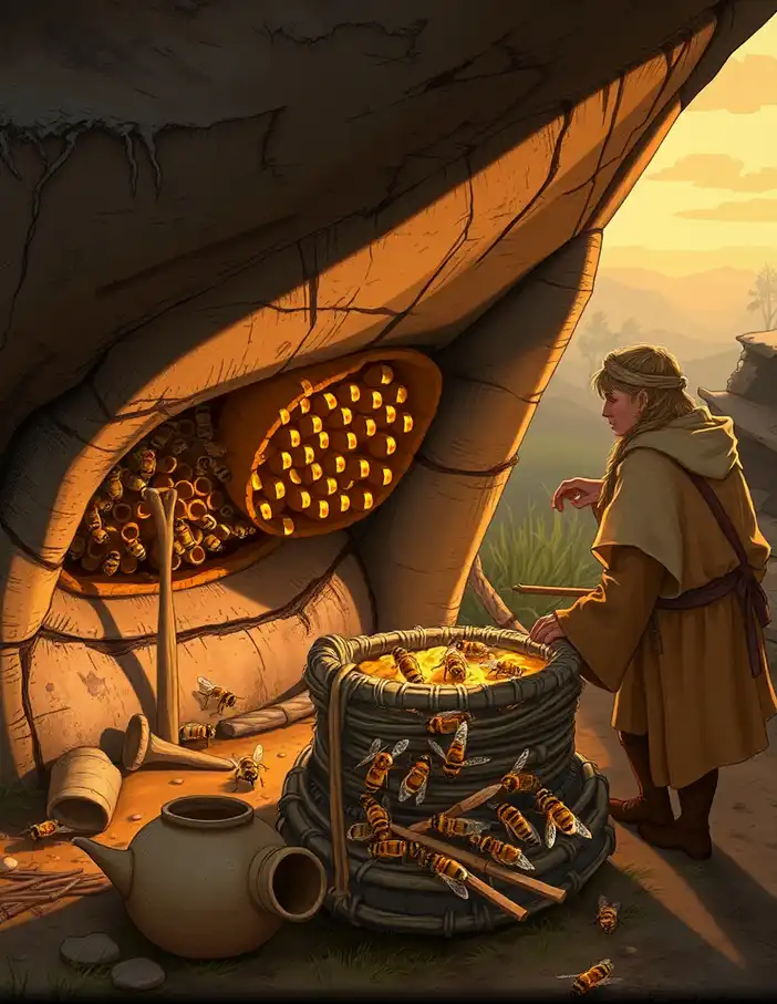 Illustration de l'exploitation des ruches lors de la révolution néolithique.