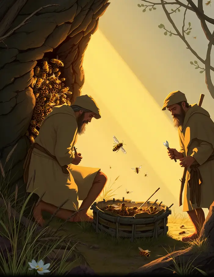 Chasseurs-cueilleurs néolithiques récoltant du miel sauvage – apiculture préhistorique
