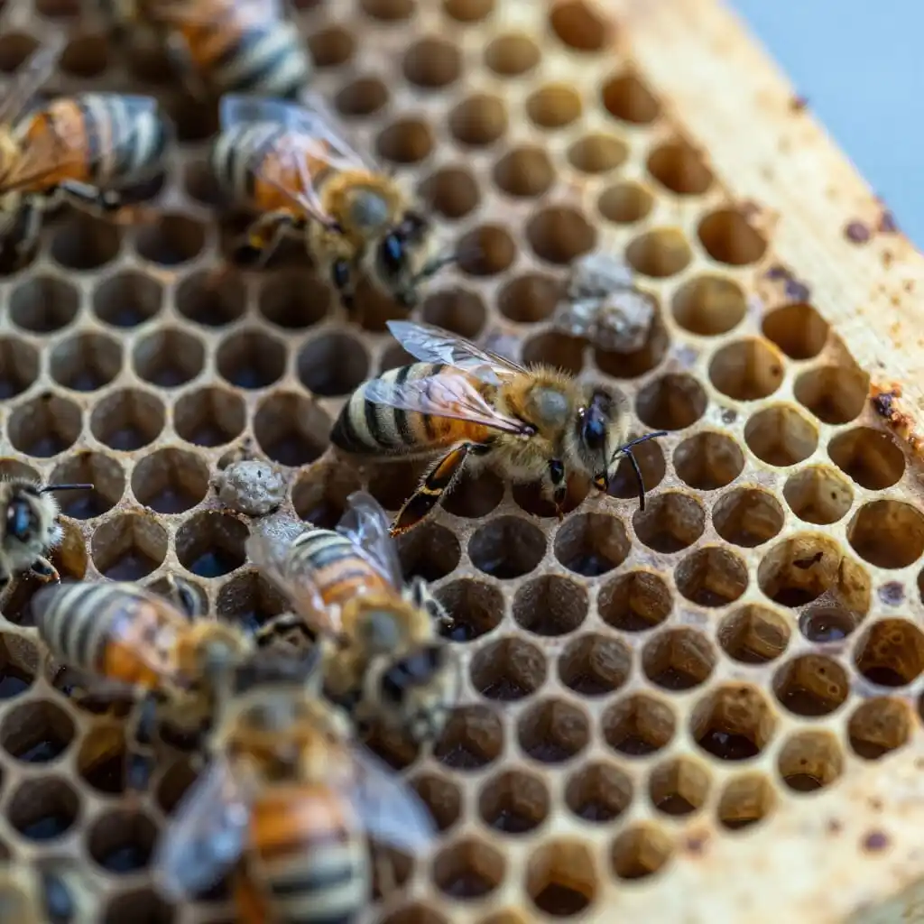 Cadre de couvain atteint de loque américaine avec opercules affaissés