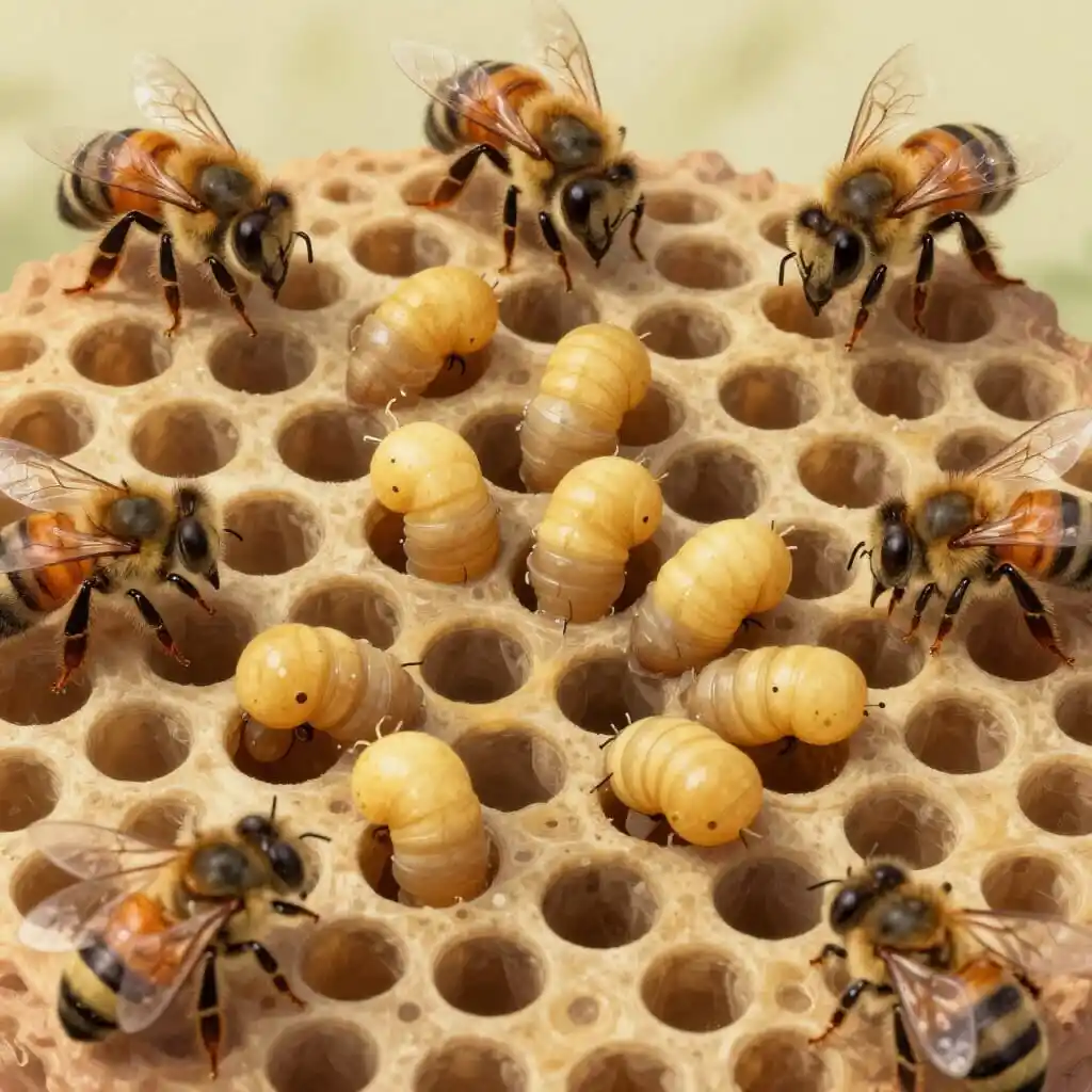 Couvain de ruche infecté par la loque européenne : larves jaunâtres ou brunies dans les alvéoles, couvain irrégulier, abeilles adultes autour.