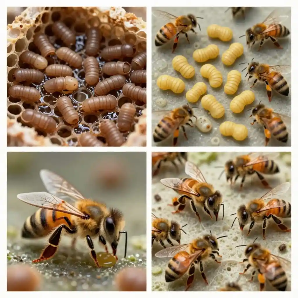 Image quadriptyque montrant quatre types de maladies infectieuses des abeilles : loque américaine, loque européenne, virus DWV et Nosema, avec larves et abeilles adultes affectées.
