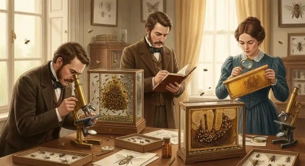 Naturalistes du XIXᵉ siècle étudiant des abeilles dans des ruches vitrées, avec microscopes et notes, illustrant l’essor de l’entomologie et l’observation scientifique des colonies.