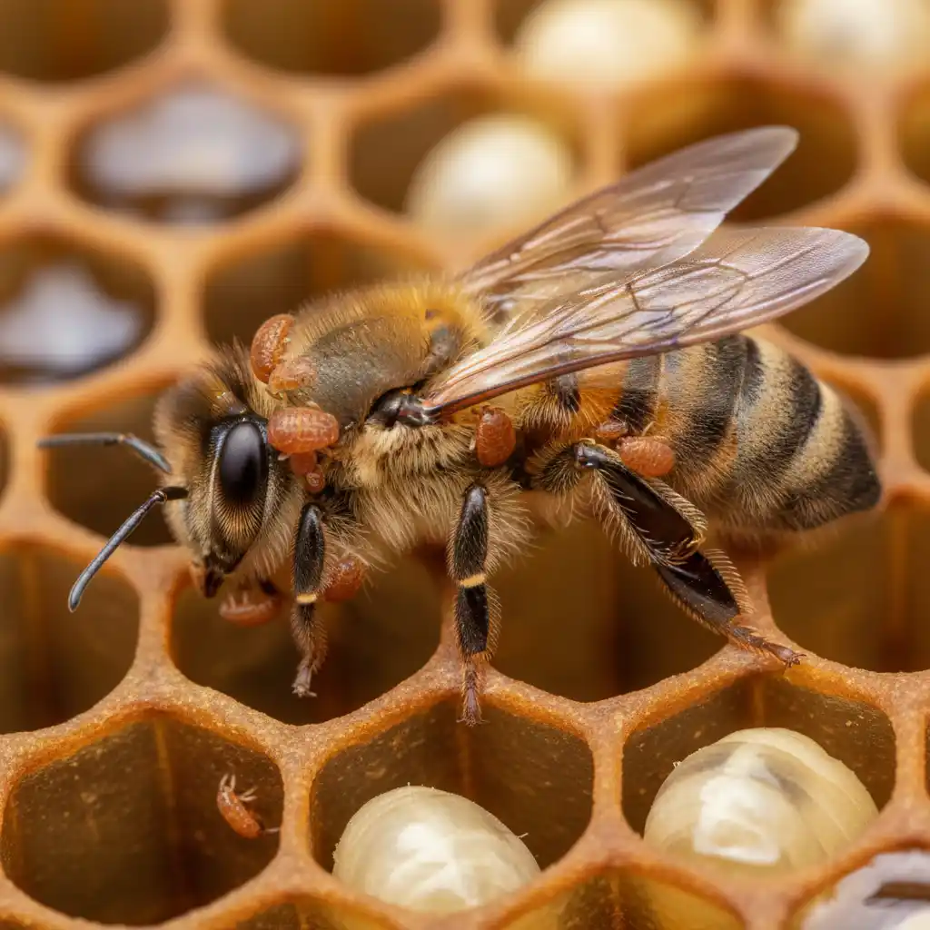 Abeille infestée par des parasites, varroa visible sur le thorax