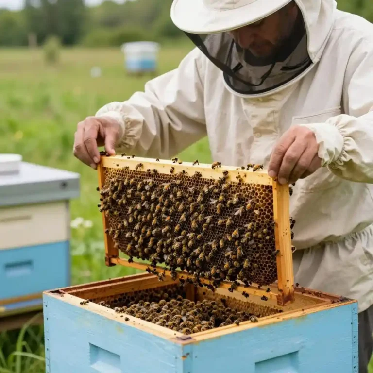 Apiculteur inspectant une ruche saine dans un environnement naturel