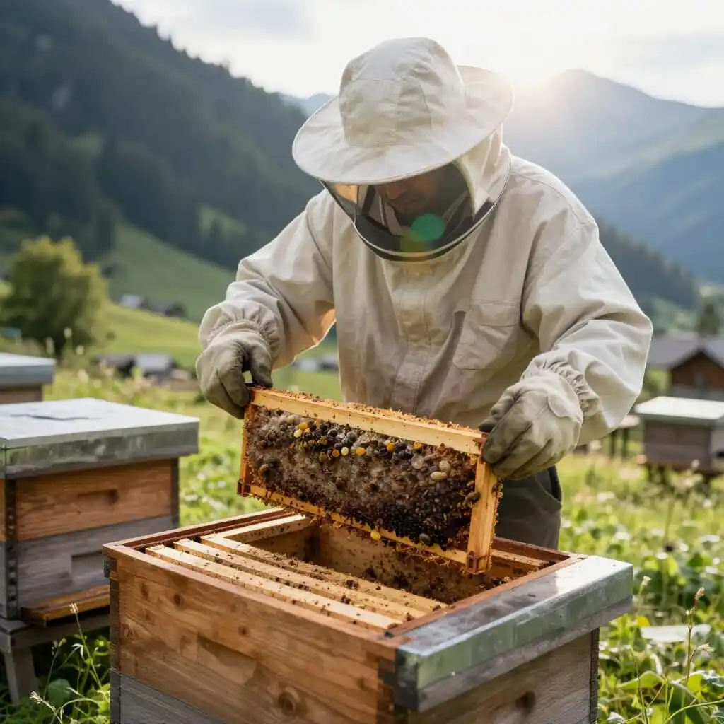 Apiculteur inspectant une ruche pour détecter la loque européenne