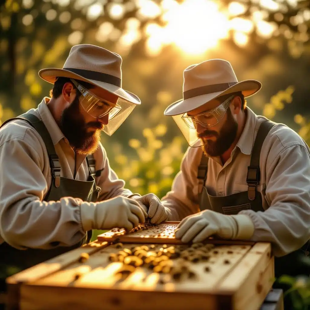 Apiculteur observant attentivement des cadres de ruche à la recherche de signes du virus des ailes déformées