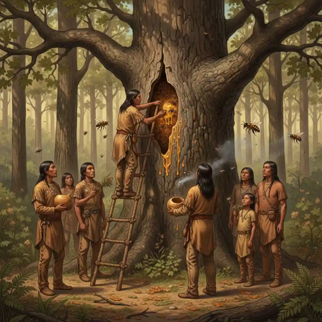 Illustration de la récolte de miel sauvage par des peuples autochtones en Amérique du Nord avant le contact européen, nid d’abeilles dans un arbre, pratique non structurée et traditionnelle
