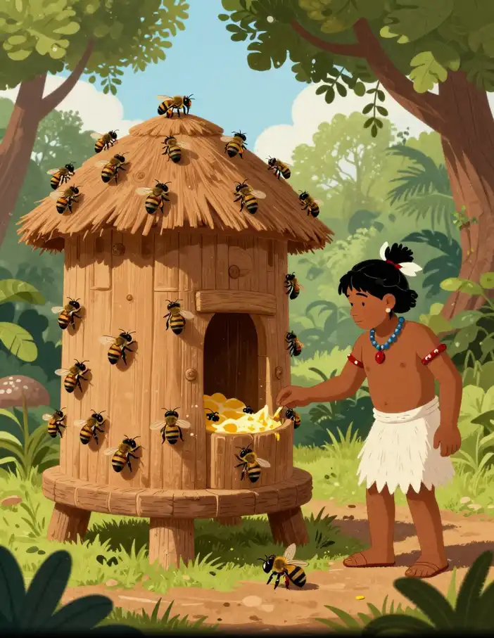 alt="Rucher précolombien maya avec abeilles sans dard (Melipona beecheii) et ruches en troncs creusés (jobón), apiculteur maya récoltant le miel dans la forêt tropicale, style réaliste et éducatif