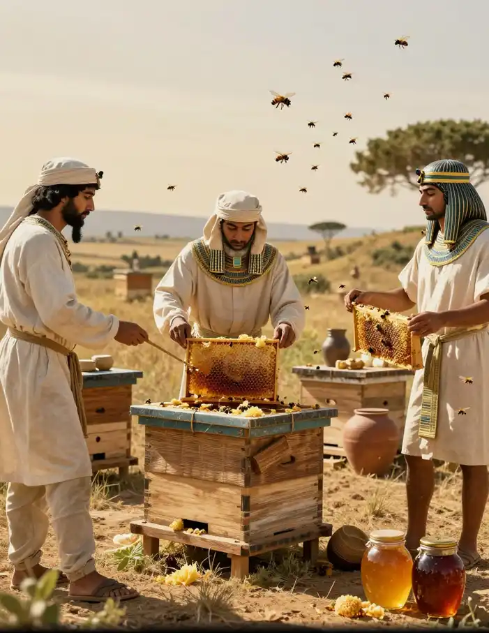 Scène d’apiculture dans l’Antiquité montrant des apiculteurs égyptiens récoltant le miel dans des ruches en argile et en vannerie