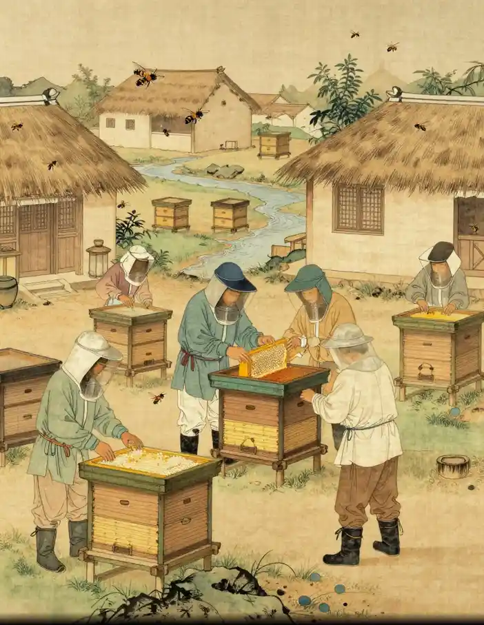 Apiculteurs chinois de l’époque Han récoltant miel et cire dans des ruches en bambou et bois creusé, village traditionnel et rivières en arrière-plan, style iconographie chinoise