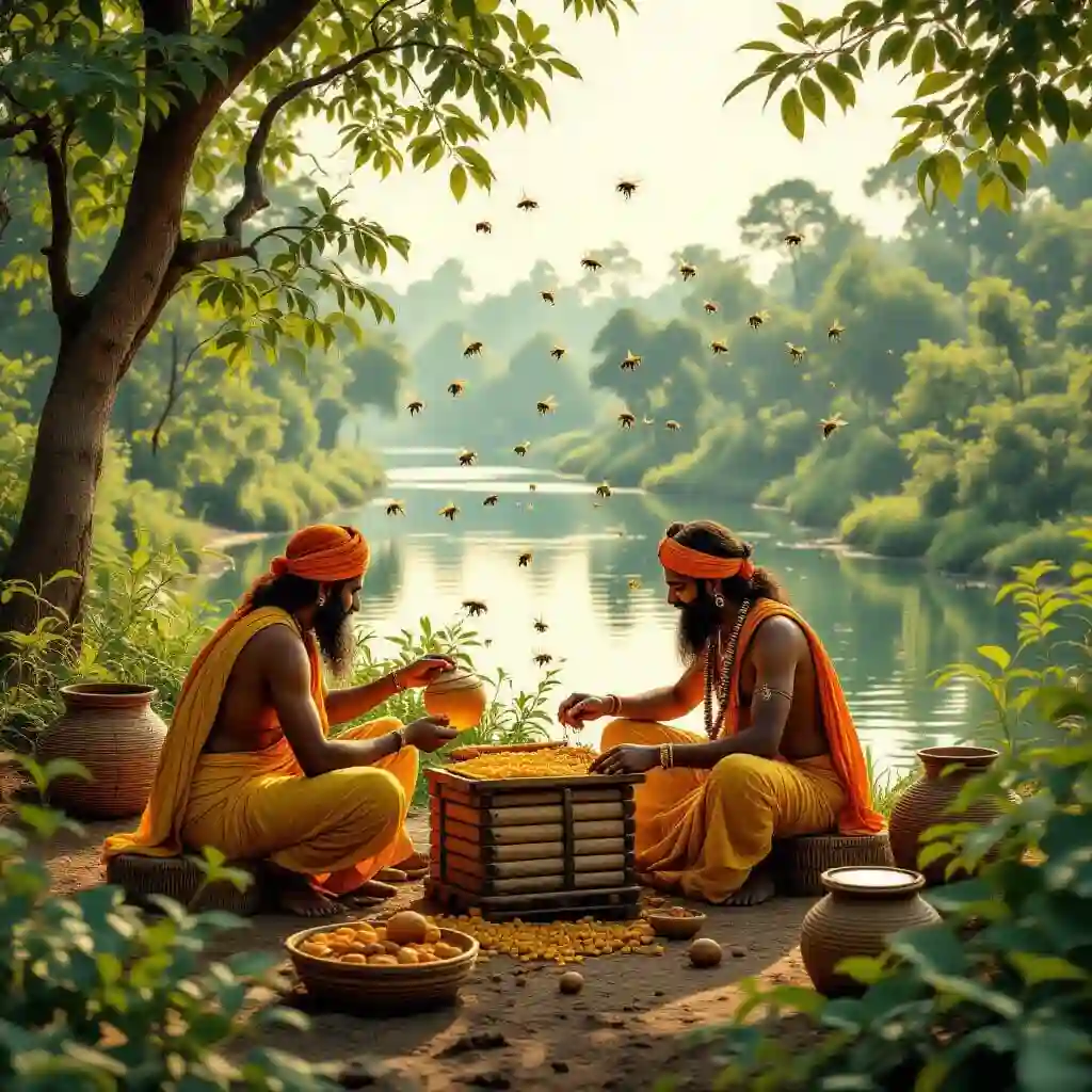 Apiculteurs de l’Inde ancienne récoltant miel et cire dans des ruches en argile et troncs d’arbre, avec rituels et offrandes sacrées, forêt et rivière en arrière-plan