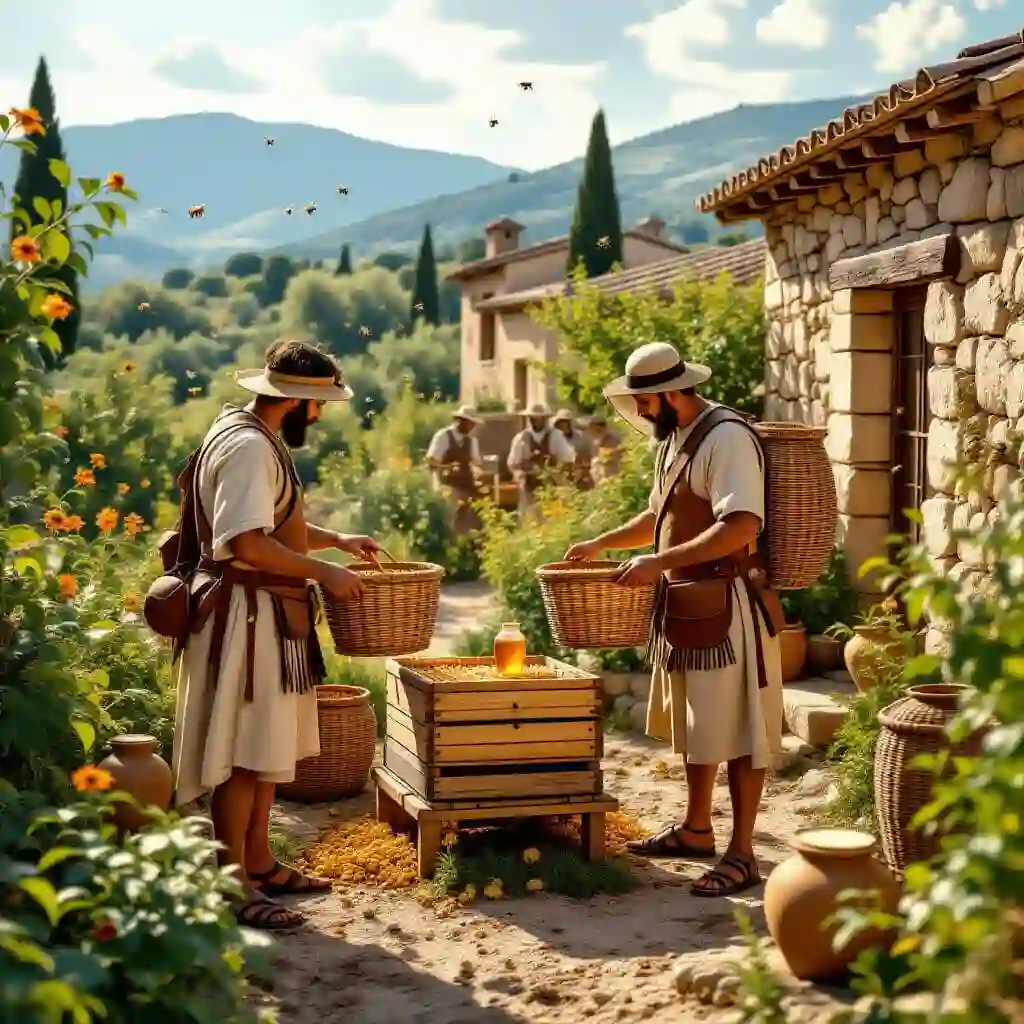 Apiculteurs romains récoltant miel et cire dans des ruches antiques