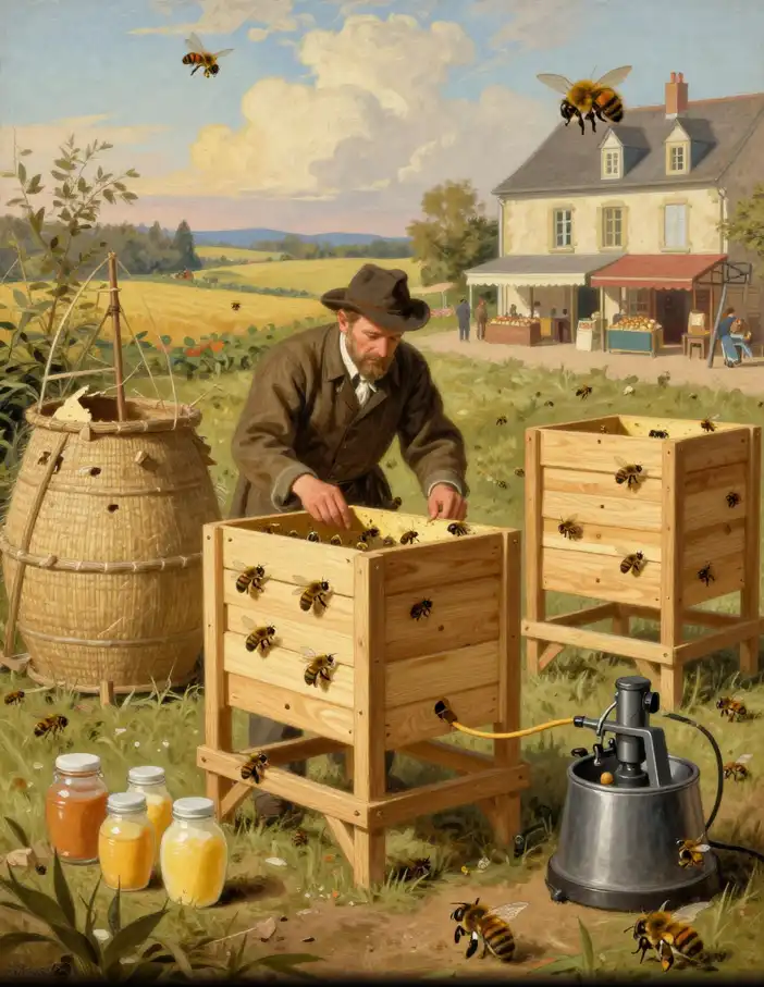 Illustration historique montrant l’évolution de l’apiculture au XIXᵉ siècle : à gauche, un apiculteur récolte le miel de ruches traditionnelles en paille de manière destructive ; au centre, un apiculteur observe une ruche à cadres mobiles avec les rayons visibles et la reine ; à droite, des ruches modernes et des abeilles actives, symbolisant l’apiculture scientifique et rationnelle.
