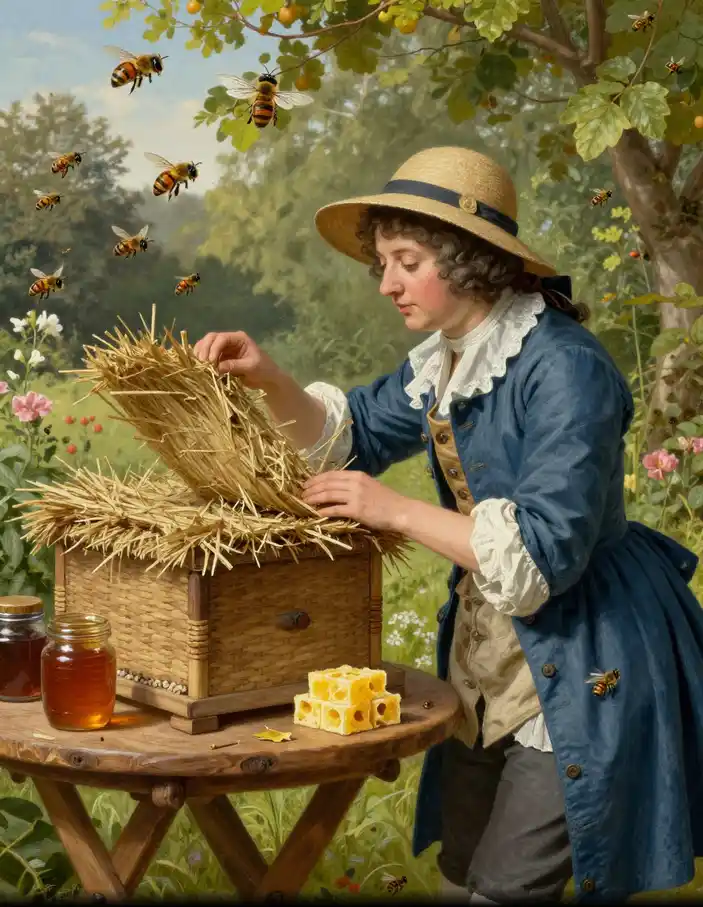 Apicultrice inspectant des ruches en paille et en osier dans un jardin, époque XVIIIᵉ siècle, avec des abeilles, des pots de miel et des blocs de cire, illustrant les pratiques apicoles historiques