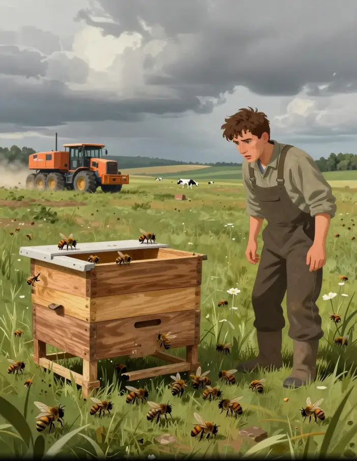 Ruche moderne et abeilles en difficulté dans un paysage agricole industrialisé, symbolisant la crise écologique de l’apiculture aux XXᵉ et XXIᵉ siècles