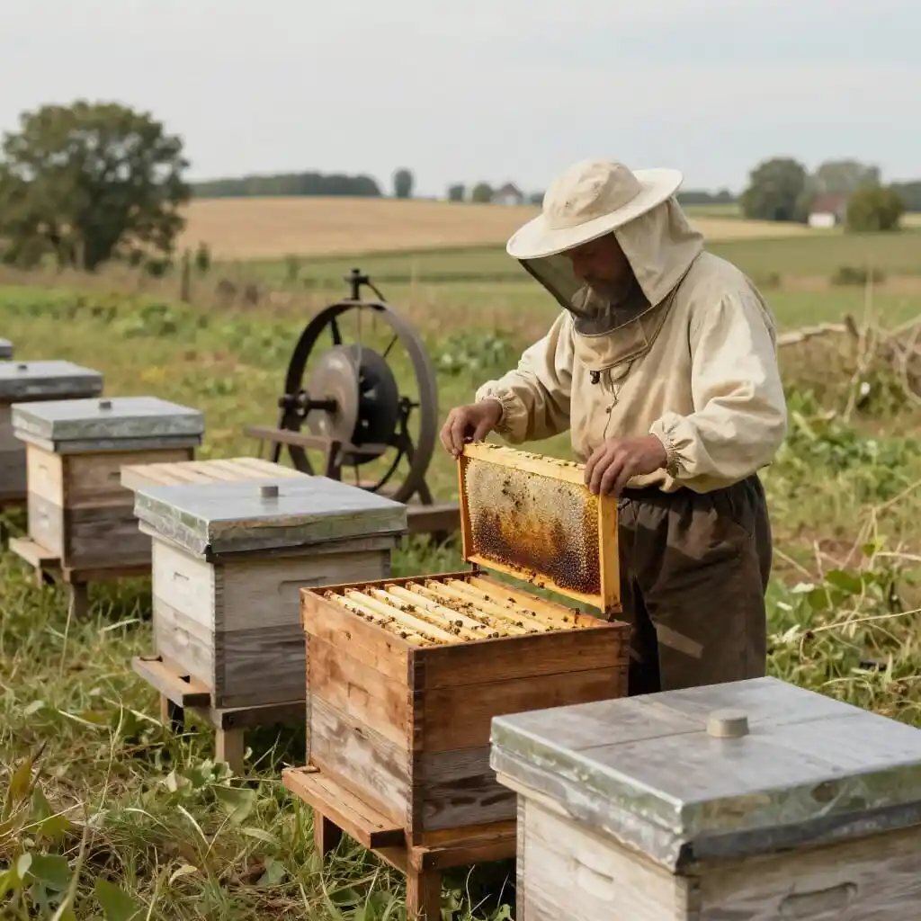Apiculture au début du XXᵉ siècle avec ruches Dadant et Langstroth et extracteur centrifuge manuel
