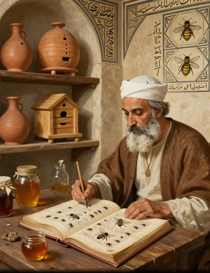 Savant islamiquemédiéval étudiant des manuscrits et diagrammes de ruches et abeilles, cire et ruches exposées, calligraphie arabe et motifs géométriques, symbolisant l’innovation et la diffusion des connaissances apicoles