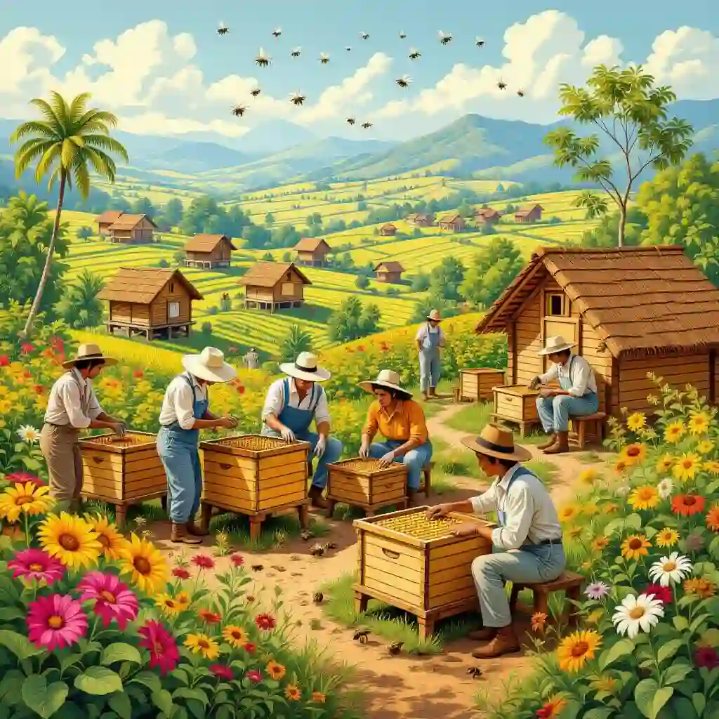 Apiculture mondiale au XXᵉ et XXIᵉ siècles avec ruches traditionnelles et modernes, échanges de reines et diversité de pratiques dans différents paysages