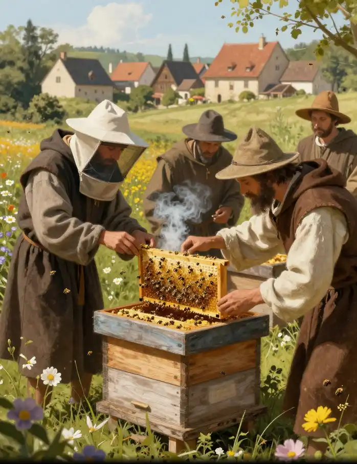 Apiculteurs médiévaux récoltant du miel dans des ruches en paille et bois, avec fumée pour calmer les abeilles, village médiéval et fleurs en arrière-plan
