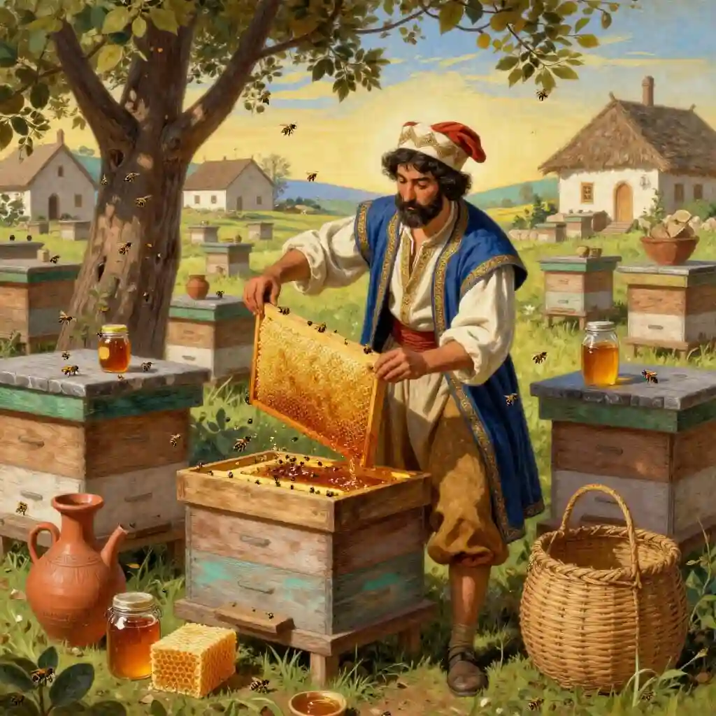 Apiculteur dans l'Empire ottoman au XVIIIe siècle, récoltant du miel dans des ruches en argile, troncs creusés et ruches en vannerie, avec des abeilles volant autour et des pots de miel et de cire, reflétant l'héritage byzantin et islamique