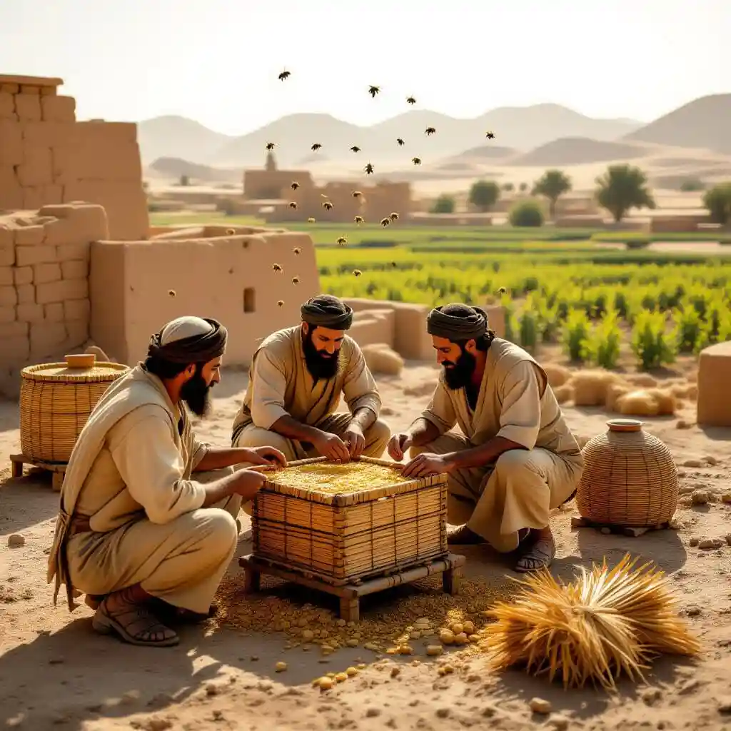 Apiculteurs néo-assyriens à Ninive récoltant miel et cire dans des ruches anciennes
