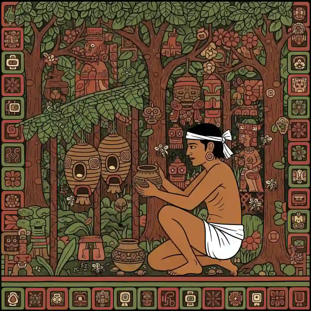 Pictogrammes maya représentant un apiculteur et des abeilles sans dard dans des ruches en troncs creusés, style codex ancien