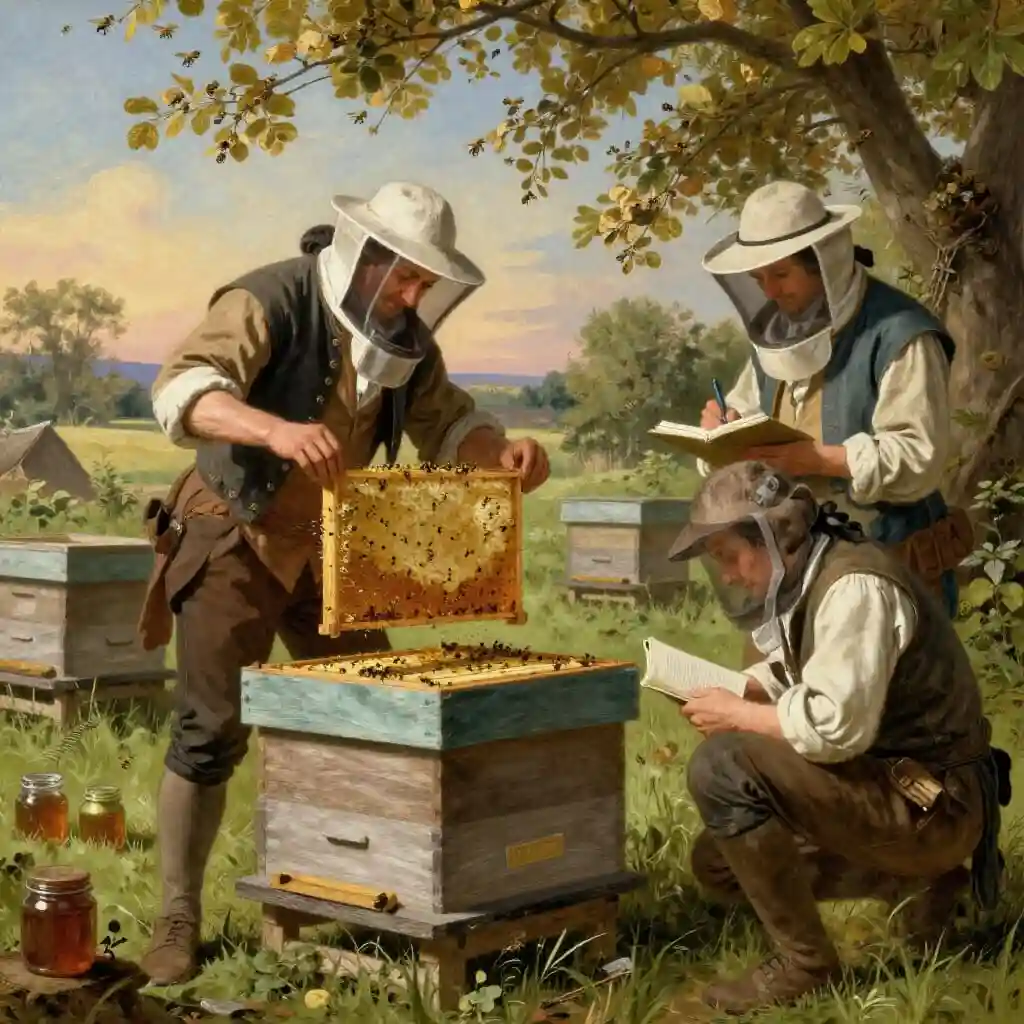 Contraste entre apiculture artisanale et scientifique au XVIIIe siècle : à gauche, un apiculteur récolte le miel de ruches fixes de manière destructrice avec peu de pots de miel, à droite, un apiculteur observe et note le comportement des abeilles, gère le couvain et multiplie les colonies de façon raisonnée, symbolisant le précurseur de l'apiculture moderne