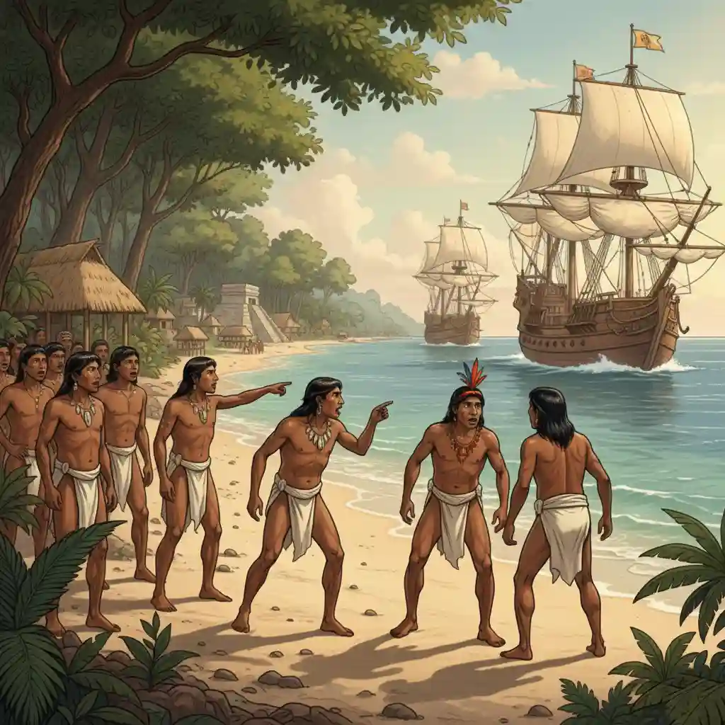 Illustration historique montrant des autochtones observant l’arrivée des bateaux espagnols sur la côte, village précolombien et forêt tropicale en arrière-plan, rencontre culturelle dramatique