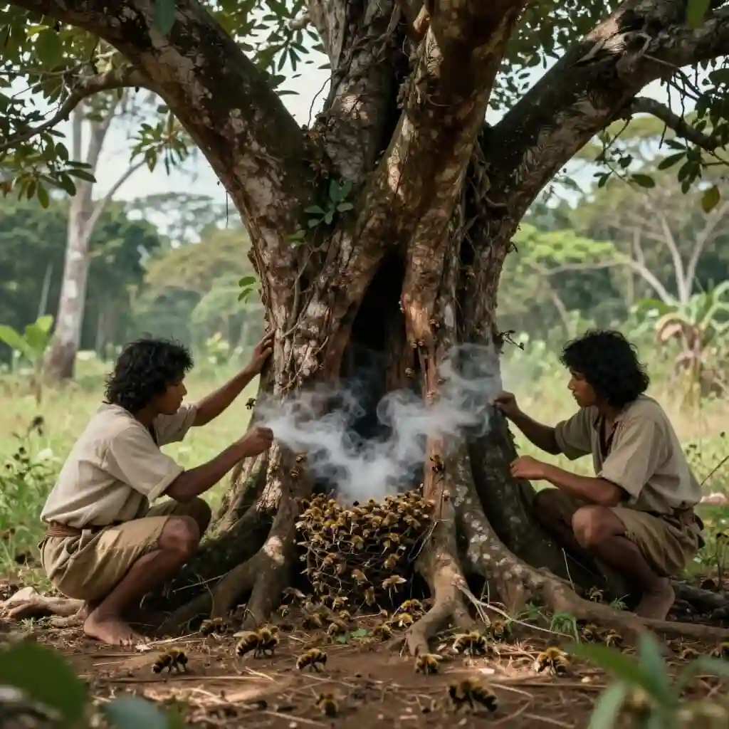 Illustration de la chasse au miel sauvage montrant des chasseurs autochtones récoltant le miel dans un nid naturel d’abeilles, pratique traditionnelle précolombienne