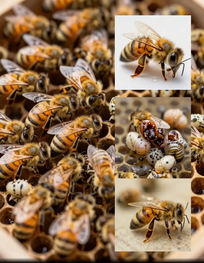 Vue rapprochée d’une colonie d’abeilles avec des larves affectées par la loque américaine et européenne