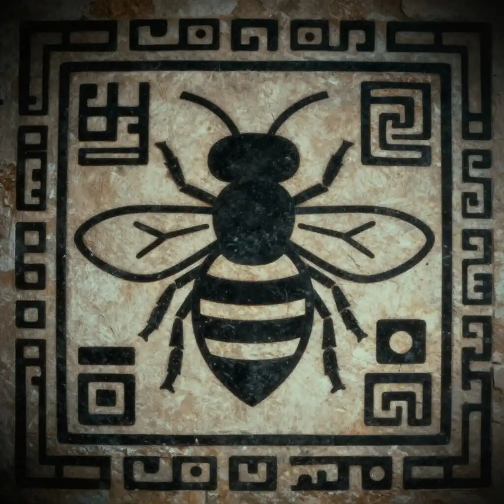 Glyphe maya ancien représentant une abeille stylisée, avec motifs géométriques et symboles traditionnels, style codex et pictogrammes précolombiens