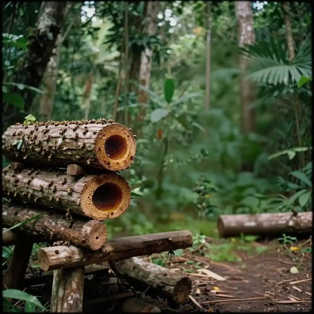 Photographie de jobón, ruches fabriquées à partir de troncs d'arbres, dans une jungle d'Amérique centrale