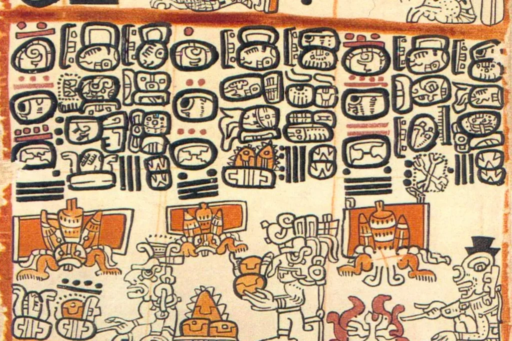 Page issue du Madrid Codex illustrant la récolte du miel chez les mayas.