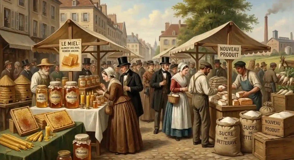 Marché du XIXᵉ siècle montrant des étals de pots de miel de qualité et de sucre industriel extrait de betterave, illustrant la concurrence entre le miel traditionnel et le sucre et la transformation du miel en produit gastronomique et médicinal.
