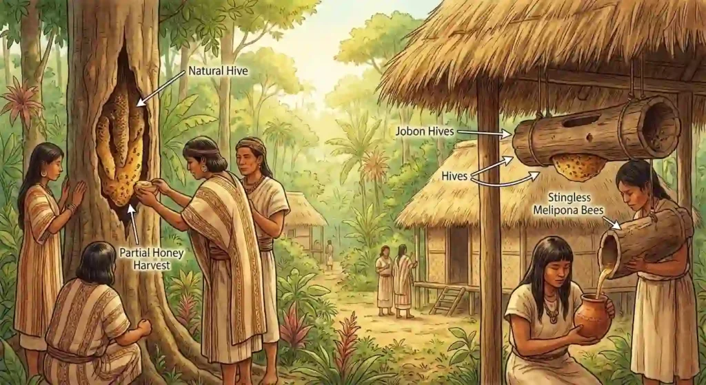 Illustration de la méliponiculture semi-domestique montrant la gestion d’abeilles sans dard dans des ruches naturelles et traditionnelles, intégrées à l’environnement tropical