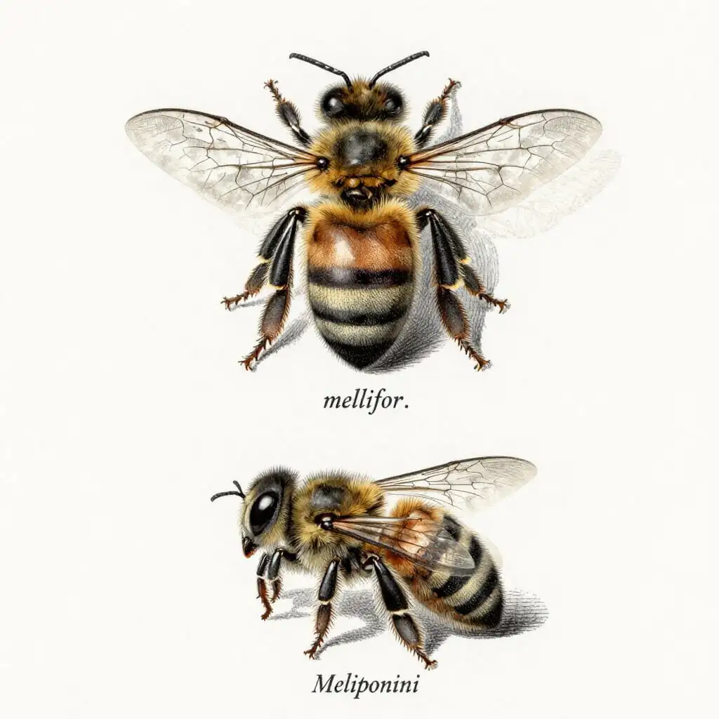 Illustration gravure scientifique en couleur comparant deux abeilles en composition verticale : en haut Apis mellifera avec dard visible et corps rayé, en bas Meliponini sans dard, plus petite et au corps arrondi, style dessin ancien de livre de sciences naturelles.