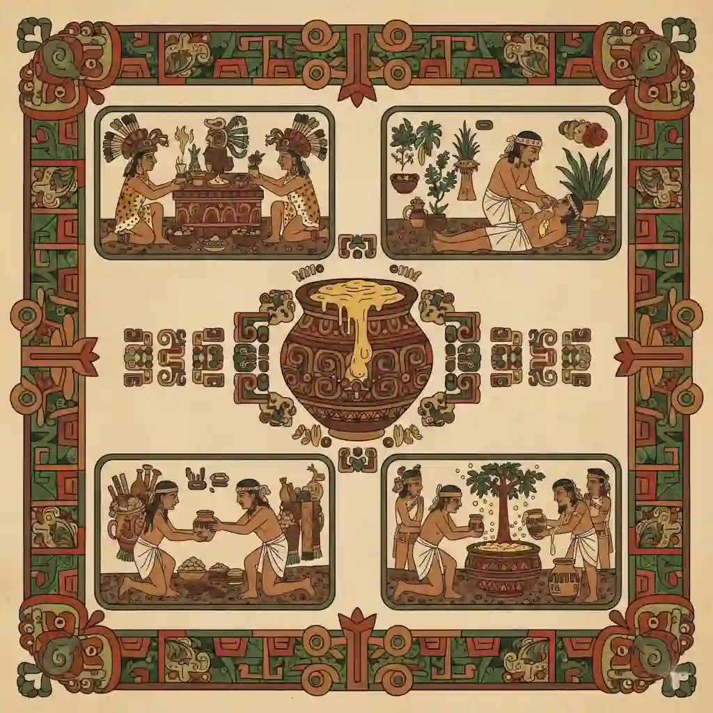 Illustration du rôle du miel dans la société maya : rituels religieux, médecine traditionnelle, boisson balché et échanges commerciaux, style iconographique précolombien