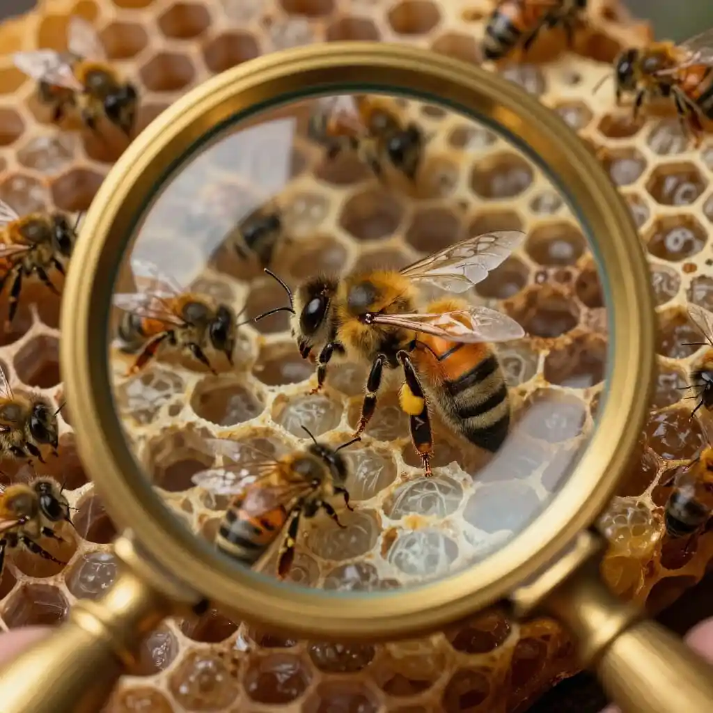 Reine abeille observée à travers une loupe d'époque, avec le couvain et les rayons visibles, abeilles volant autour, illustrant l'observation scientifique des colonies au XVIIIe siècle