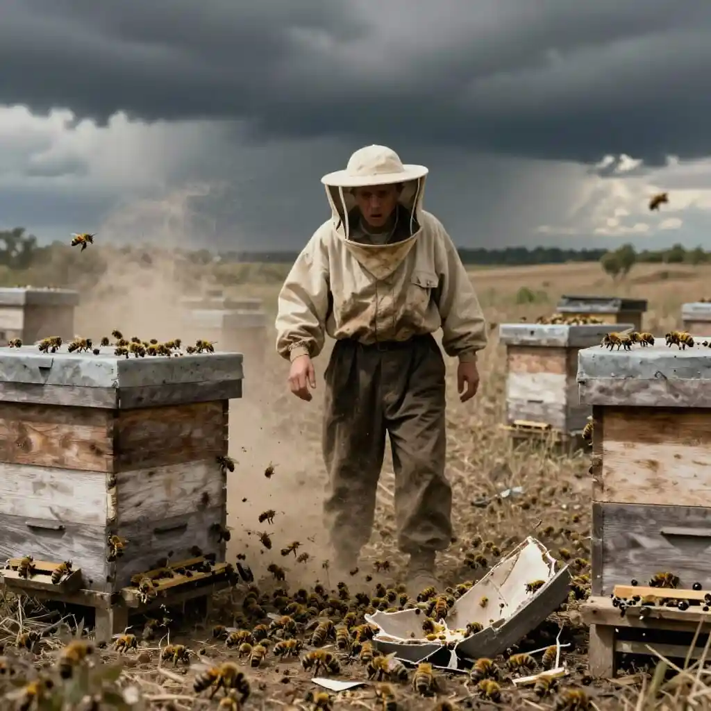 Effondrement d’une colonie d’abeilles au XXᵉ siècle à cause de Varroa destructor, avec ruches vides, abeilles affaiblies et apiculteur impuissant