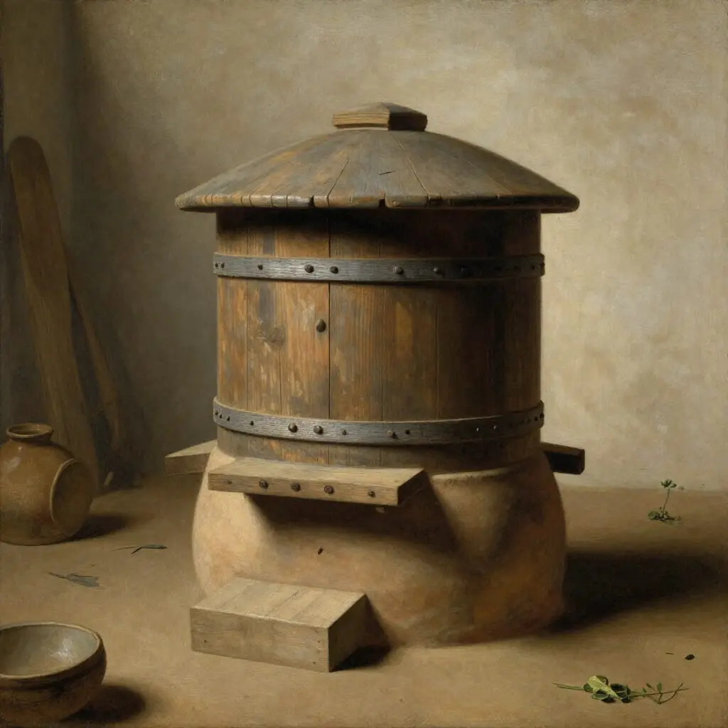 Ruche traditionnelle des XVIIe–XVIIIe siècles en argile et bois, cylindrique, située dans un environnement rural, avec des abeilles volant autour, illustrant l'apiculture historique