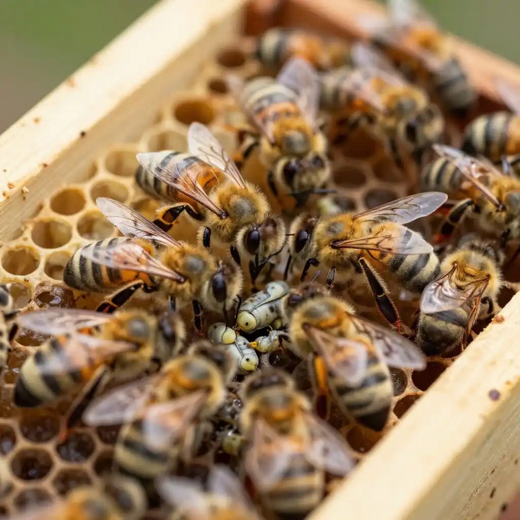 Ruche ouverte montrant des abeilles et des signes de loque américaine, image en avant pour un article apicole