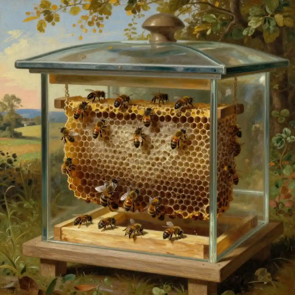 Ruche vitrée historique montrant l'activité des abeilles à l'intérieur, avec la reine visible et les rayons détaillés, illustrant l'observation scientifique en apiculture au XVIIe–XVIIIe siècle
