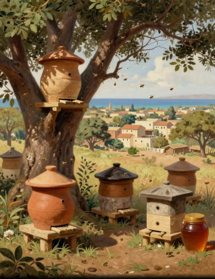 Ruches africaines médiévales en poterie et troncs creusés, abeilles volant autour, situées dans une forêt, un oasis et un village côtier, production traditionnelle de miel
