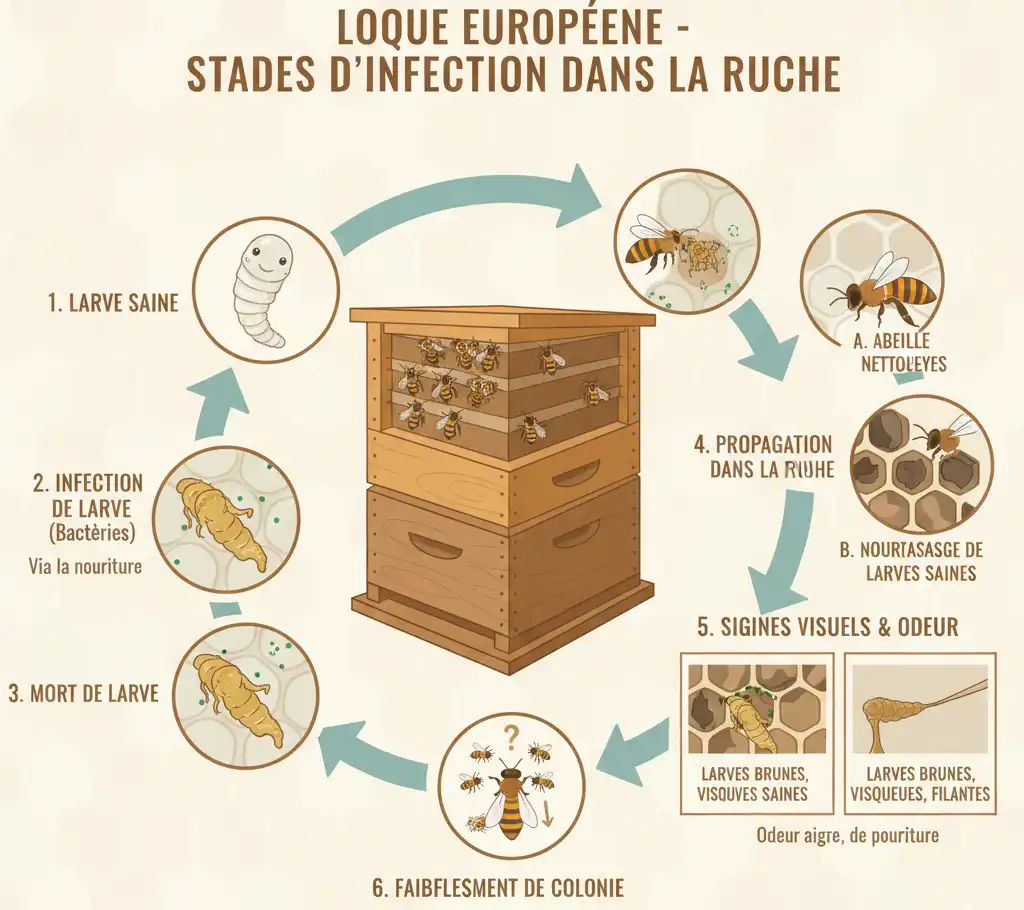 Schéma des stades et symptômes de la loque européenne chez les abeilles