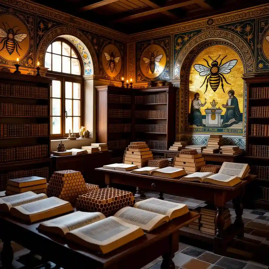 Manuscrits byzantins ouverts montrant des illustrations de ruches, abeilles et techniques apicoles, mosaïques décoratives en arrière-plan, bibliothèque médiévale, symbolisant la transmission du savoir antique