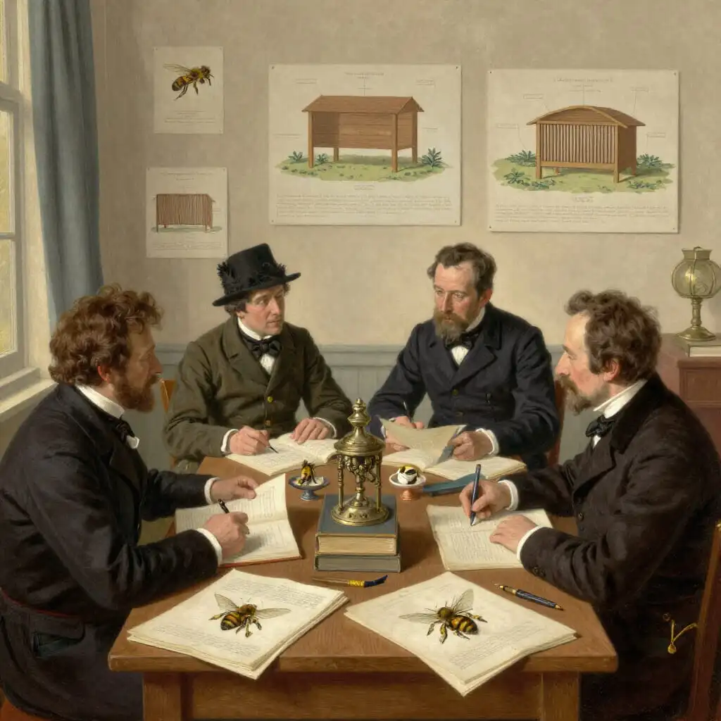 Réunion d’apiculteurs et naturalistes au XIXᵉ siècle dans une société apicole, entourés de livres, notes et illustrations de ruches, symbolisant l’échange de connaissances et la naissance des premières sociétés apicoles.