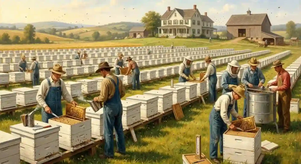 Grand rucher américain du XIXᵉ siècle avec des ruches à cadres mobiles alignées et des apiculteurs récoltant le miel de manière organisée, illustrant la standardisation et l’orientation vers la productivité de l’apiculture.
